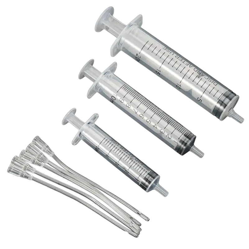 Clear plastic pet feeding syringes with measurement markings and matching transparent tubing 5 pack for precise feeding