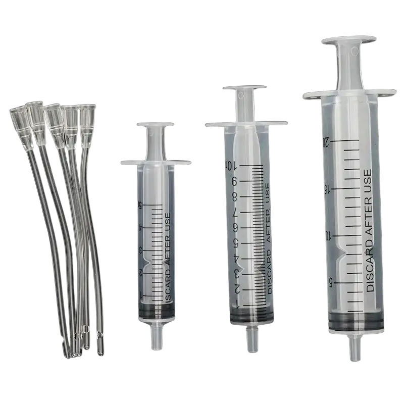 Clear plastic pet feeding syringes with measurement markings and discard after use text with clear plastic tubing 5 pack