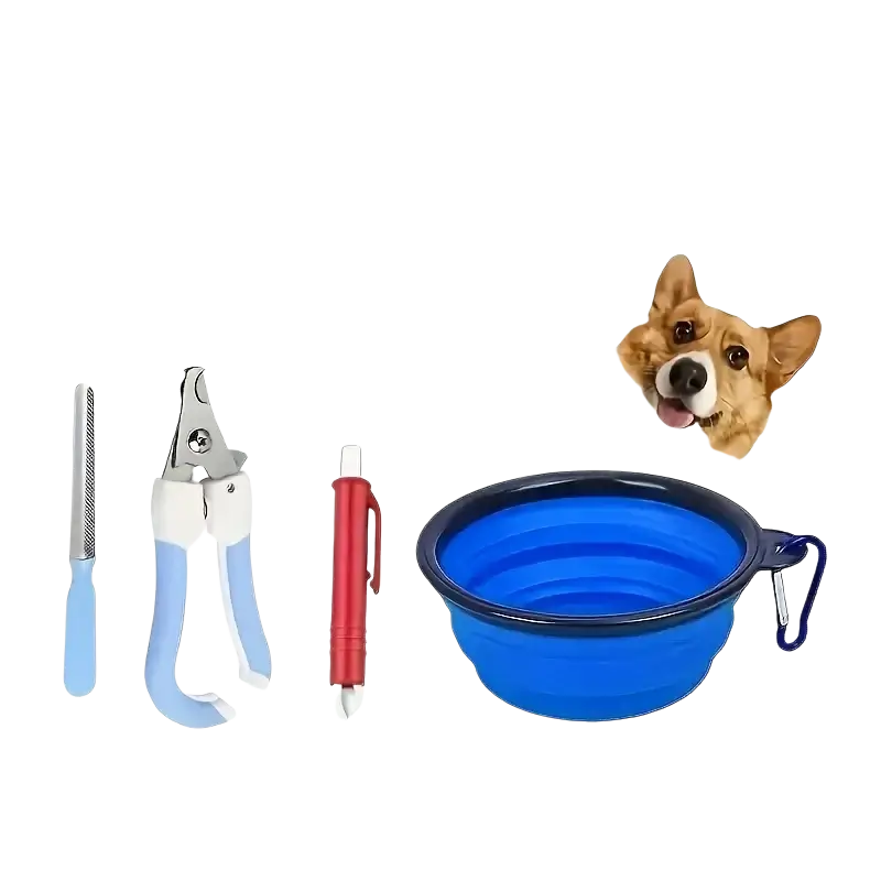 Blue collapsible pet water bowl with black rim and carabiner clip included in pet first aid kit with emergency blanket