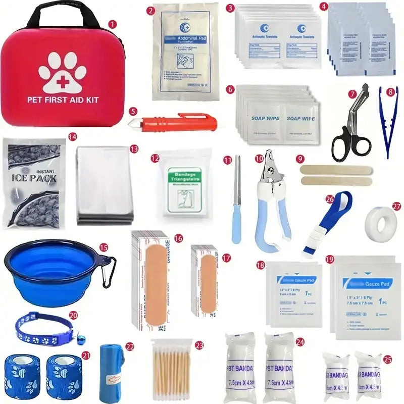 Red pet first aid kit with white paw print and cross logo including emergency blanket and water bowl for pet care