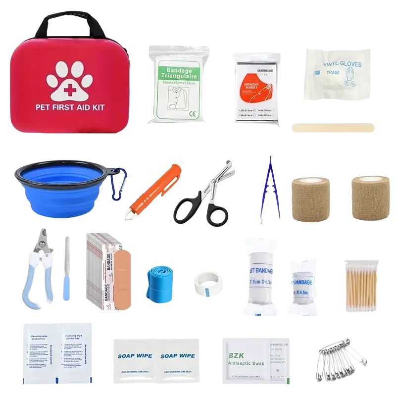 Red pet first aid kit with white paw print and red cross logo including emergency blanket and water bowl for pets