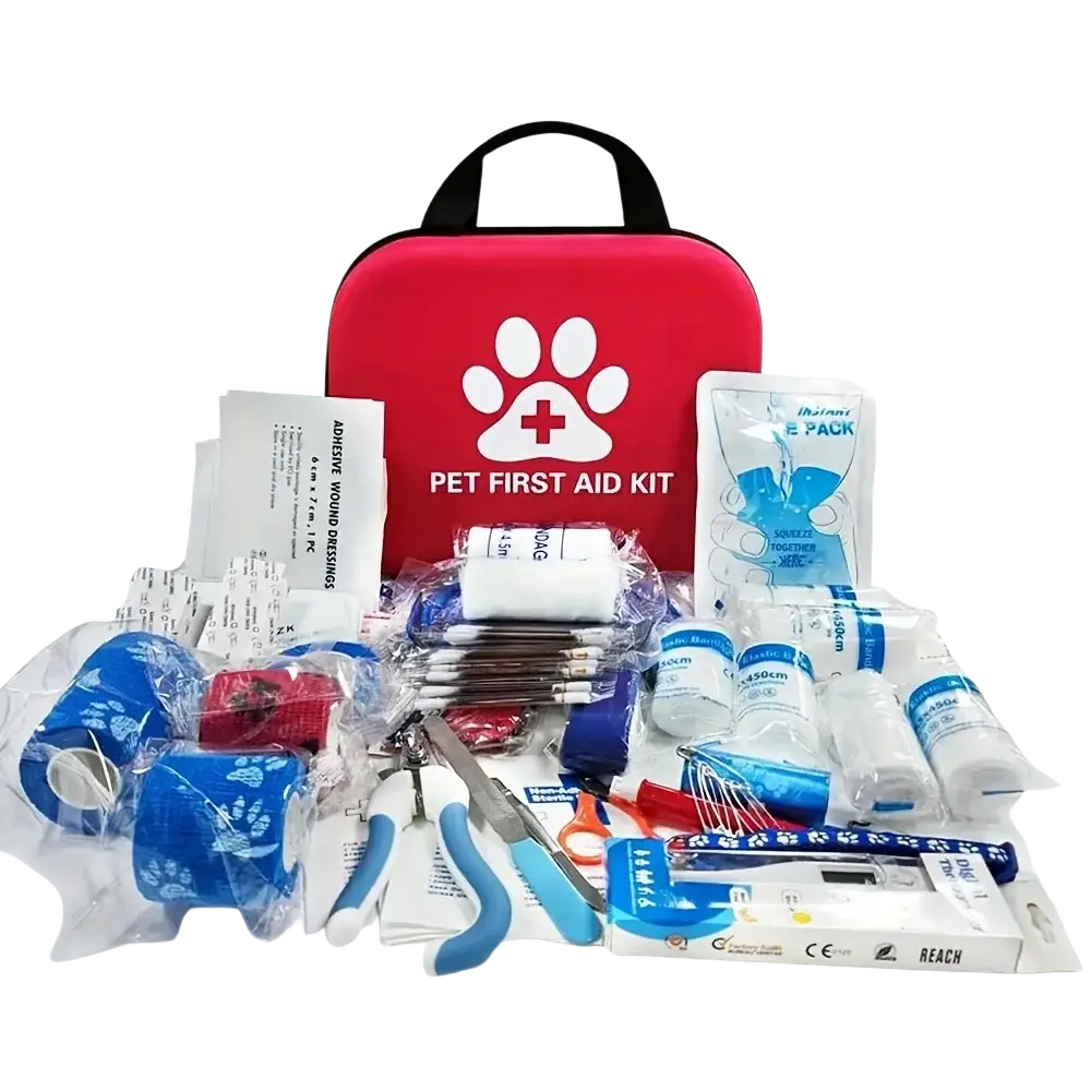 Red pet first aid kit with white paw print and red cross logo, black handle, soft fabric exterior, includes emergency blanket and water bowl