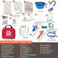 Red pet first aid kit with white paw print logo black handle includes emergency blanket and water bowl for pets