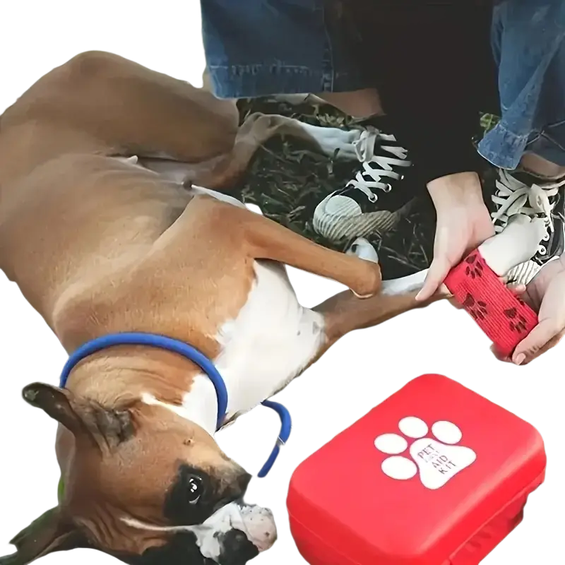 Red pet first aid kit with white paw print logo including emergency blanket and water bowl for pet care