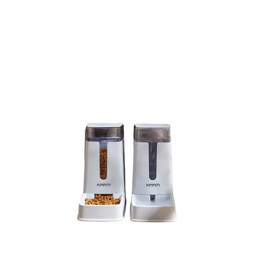 Two white kimpet automatic pet food dispensers with transparent 3.5l plastic compartments and matching bases