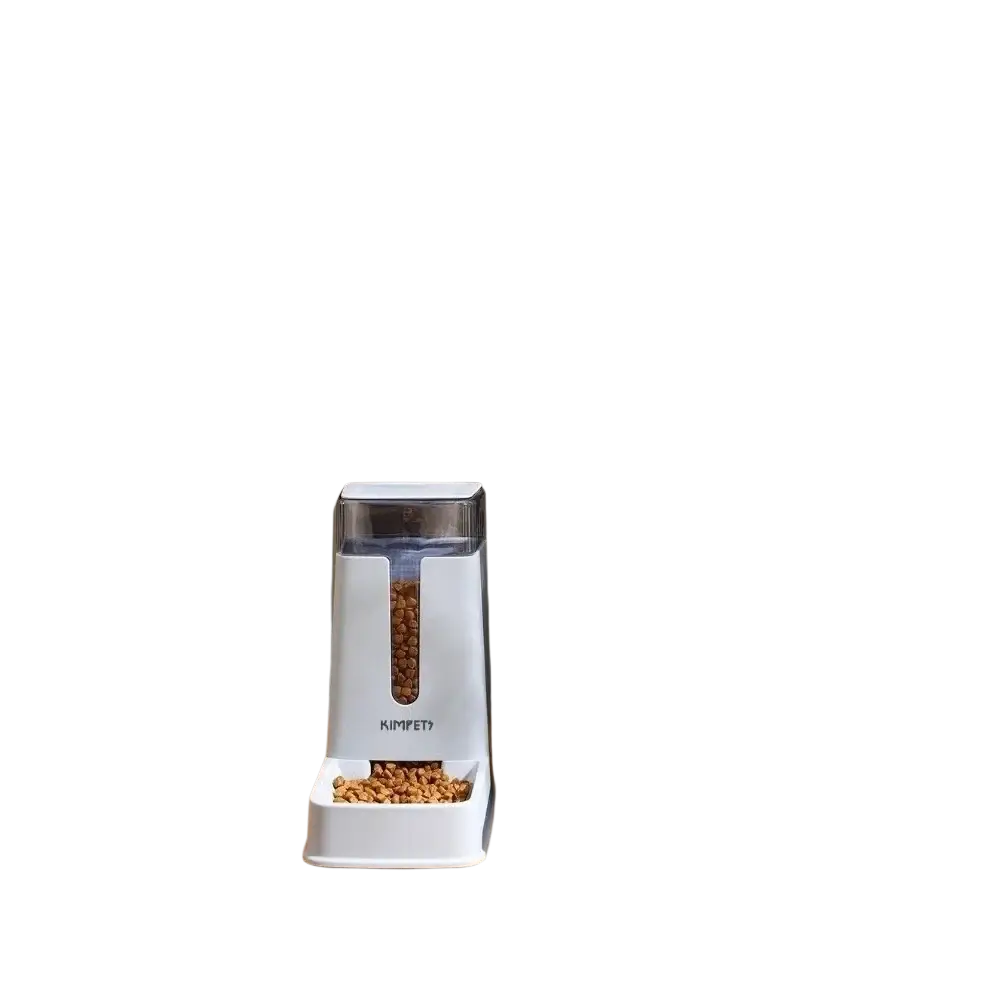 White kimpet automatic 3.5l plastic pet food dispenser with transparent compartment and base tray for feeding pets