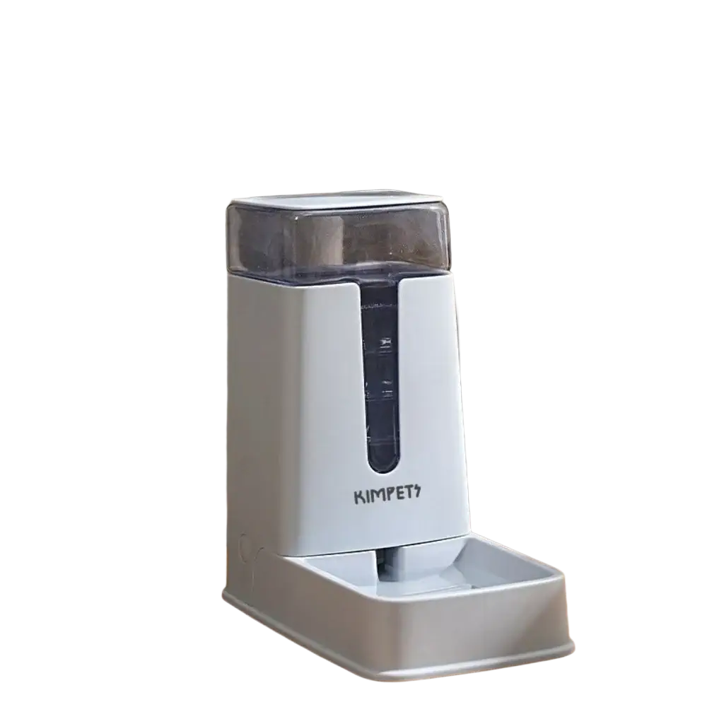 White plastic kimpet automatic pet food dispenser with transparent 3.5l water reservoir and measurement markings