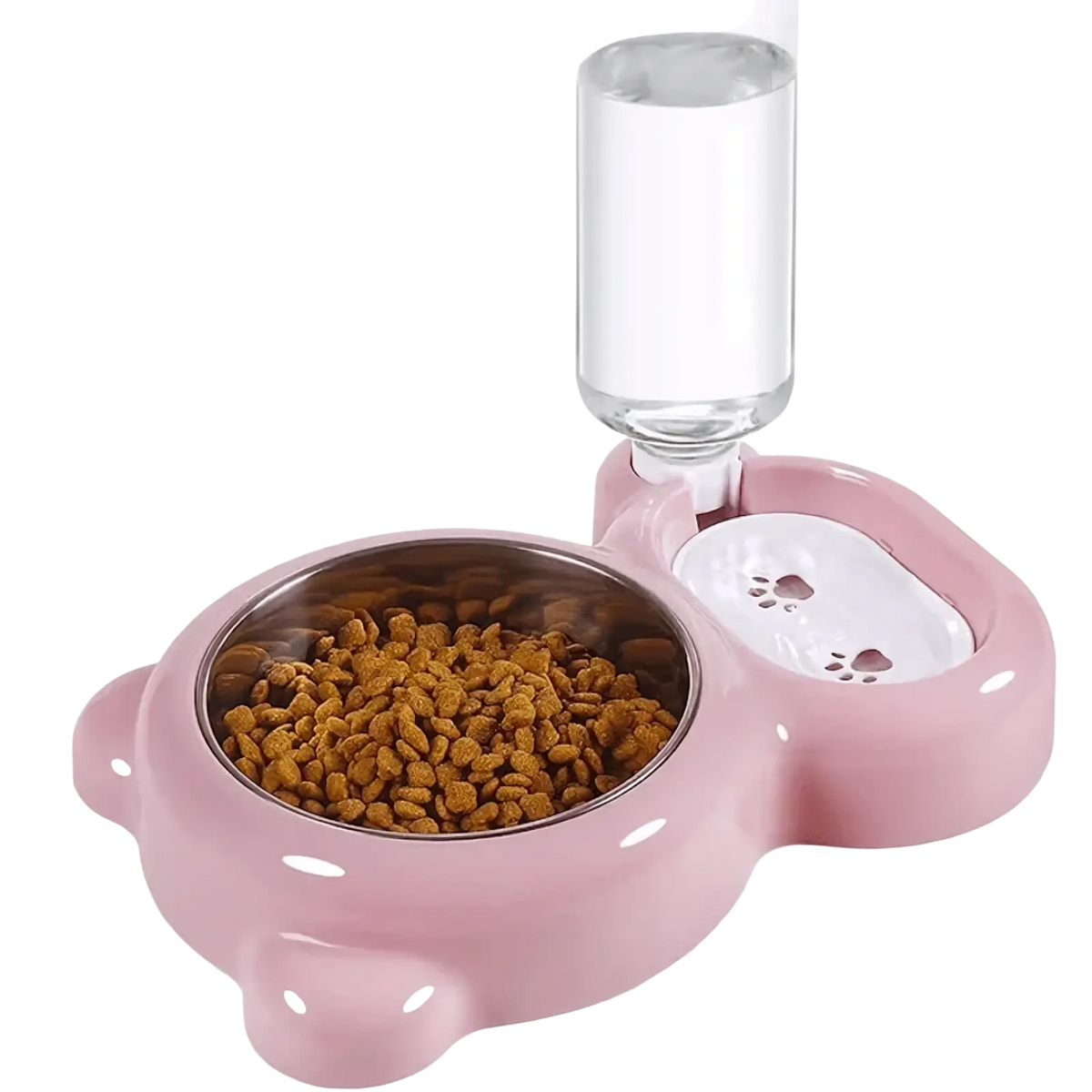Pink bear-shaped pet food and water bowl set with clear water bottle and stainless steel kibble bowl for pets