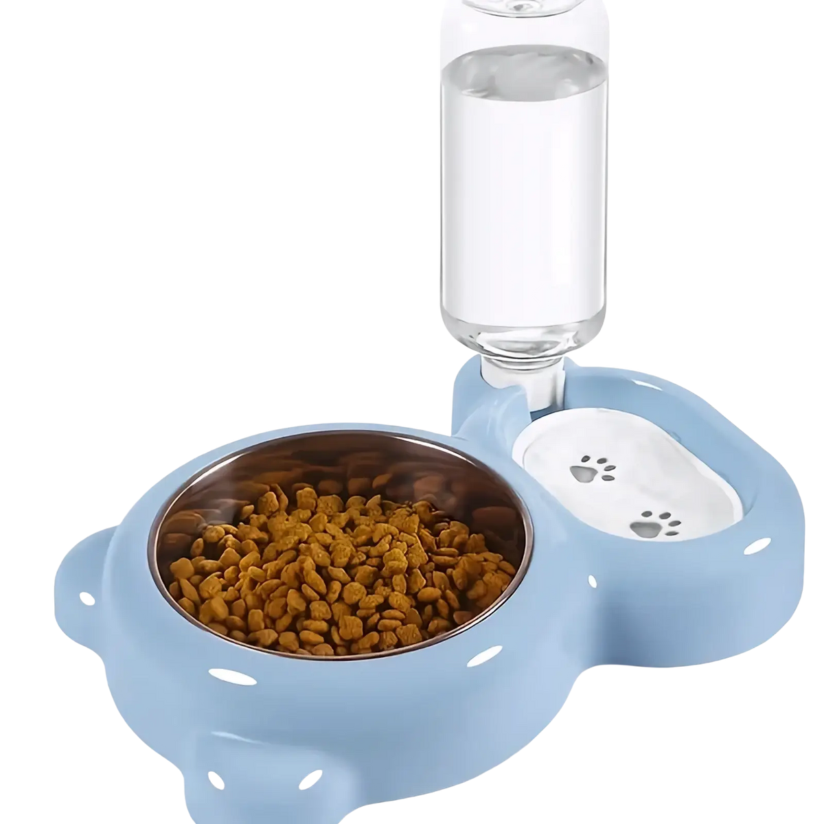 Light blue paw-print designed pet feeder with stainless steel food bowl and clear water bottle for pets