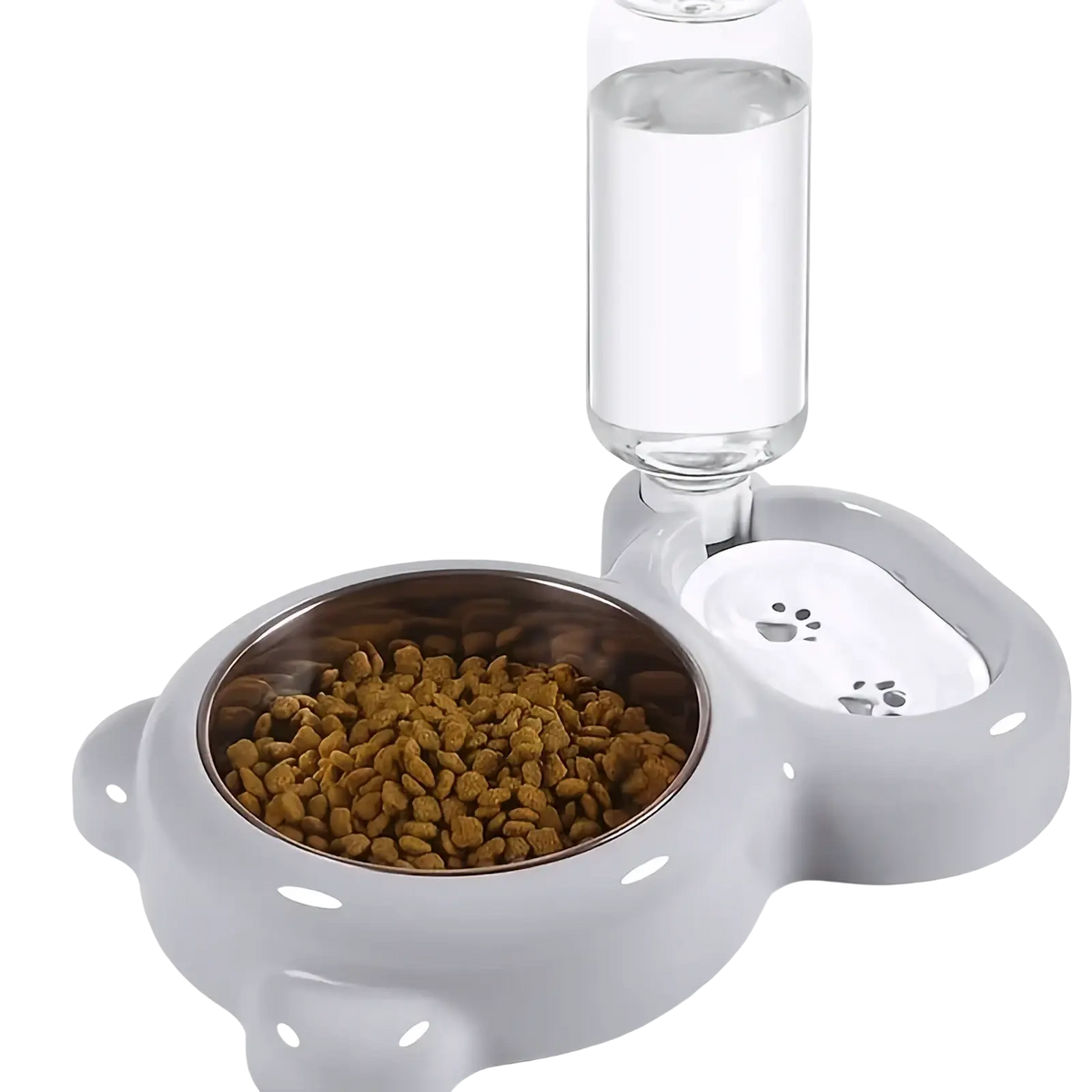 Gray cat-shaped pet food and water bowl set with clear water bottle and stainless steel kibble feeder in pink