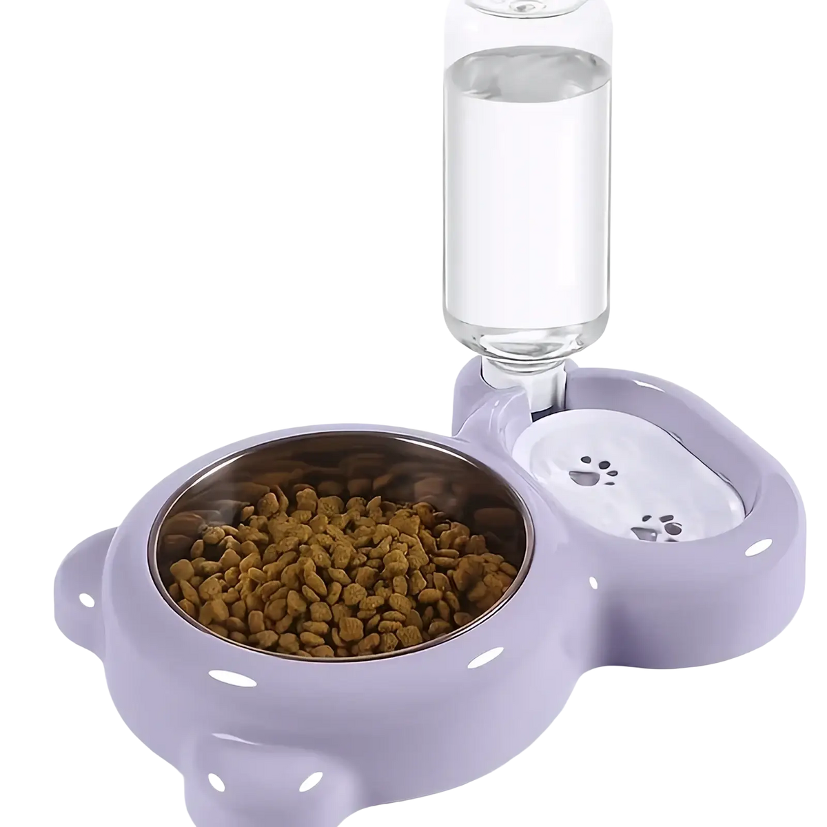 Lavender-colored pet food and water bowl set with stainless steel bowl and clear water bottle for feeding pets