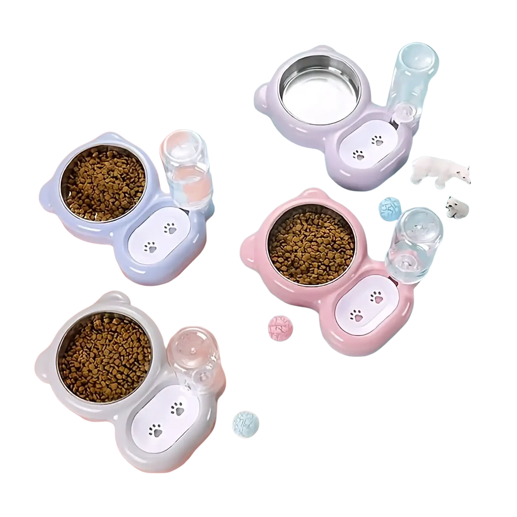 Pet food and water bowl set pink featuring pastel cat-shaped feeders with stainless steel bowls and clear water dispensers