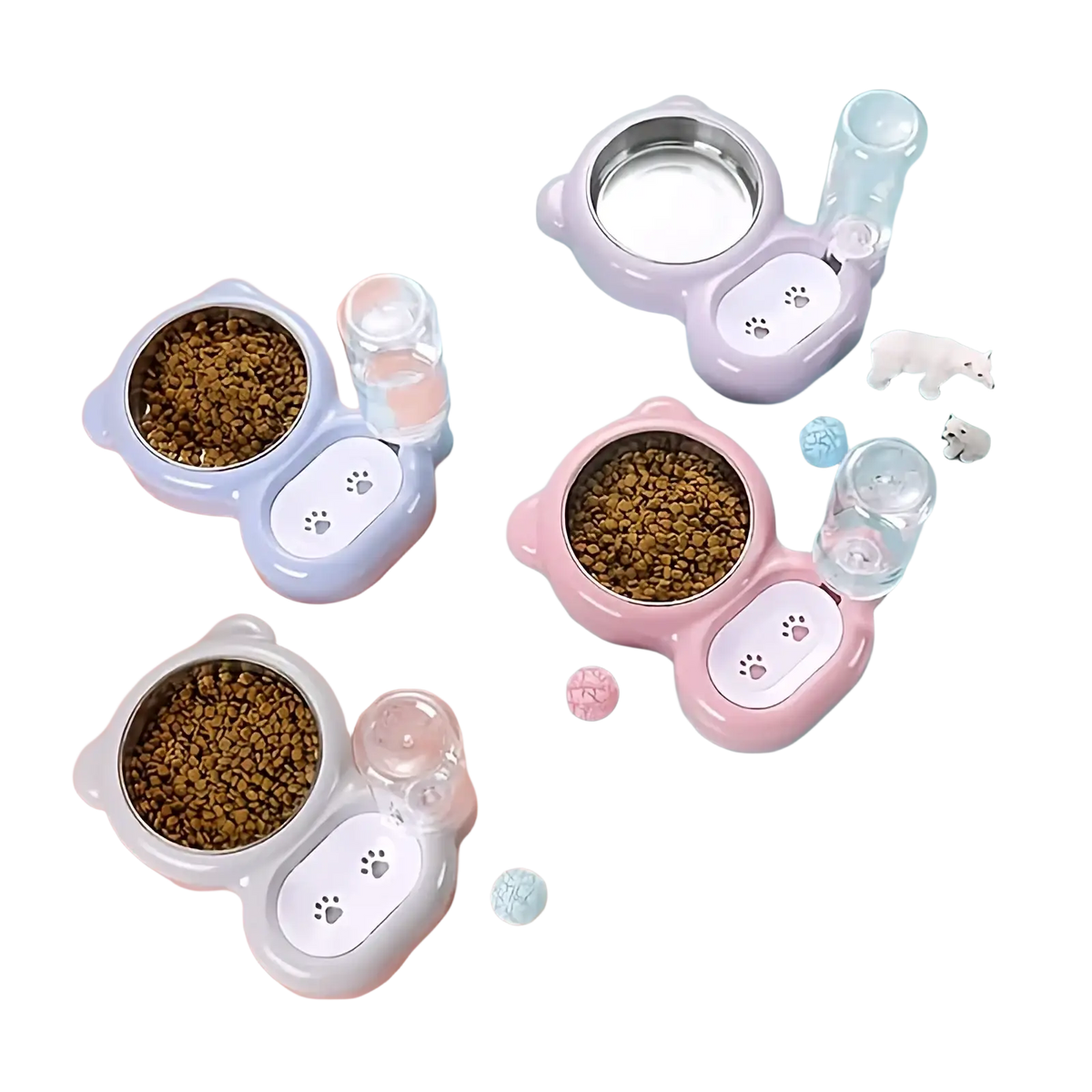 Pet food and water bowl set pink featuring pastel cat-shaped feeders with stainless steel bowls and clear water dispensers