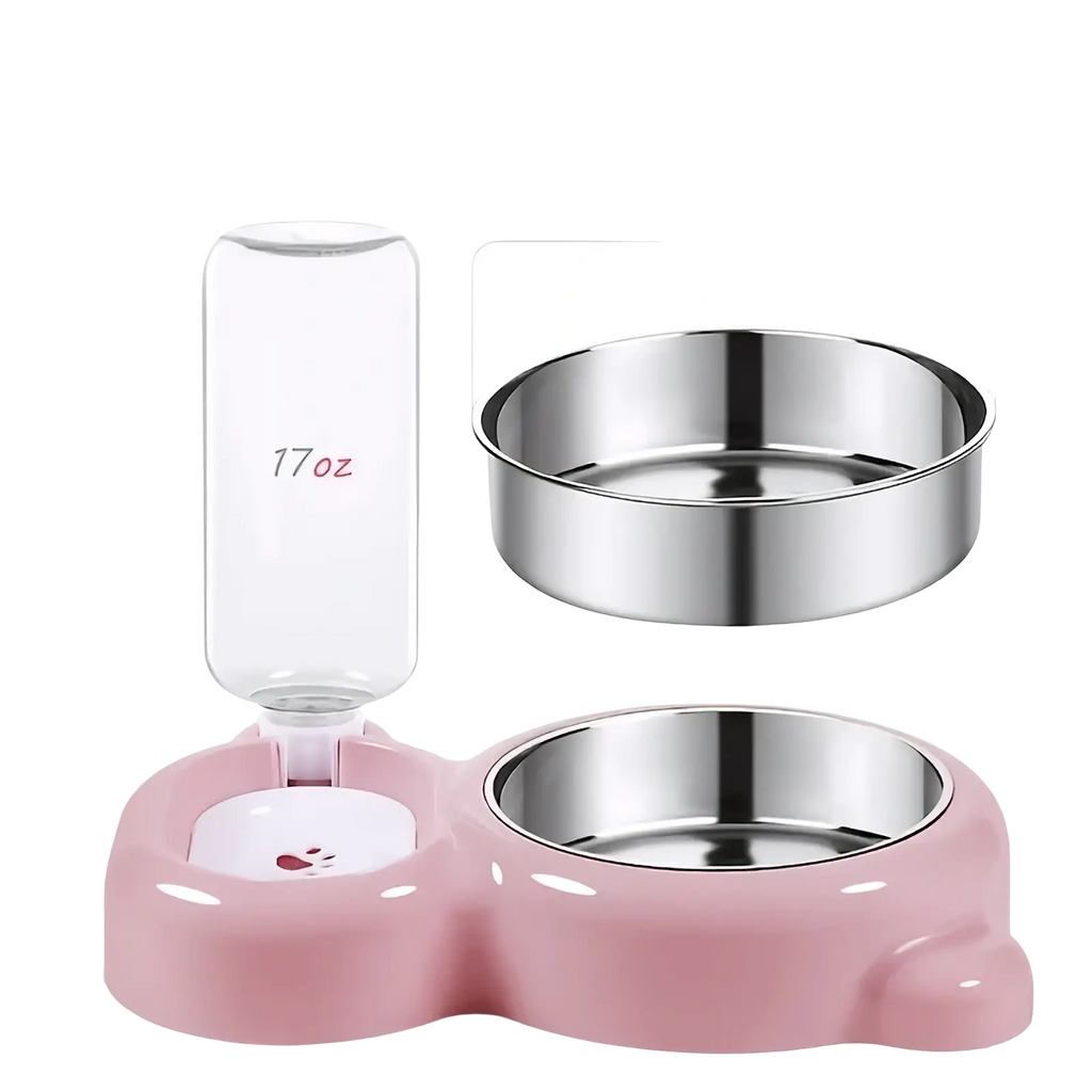 Pet food and water bowl set pink with two stainless steel bowls and a clear 17oz water bottle in plastic feeder