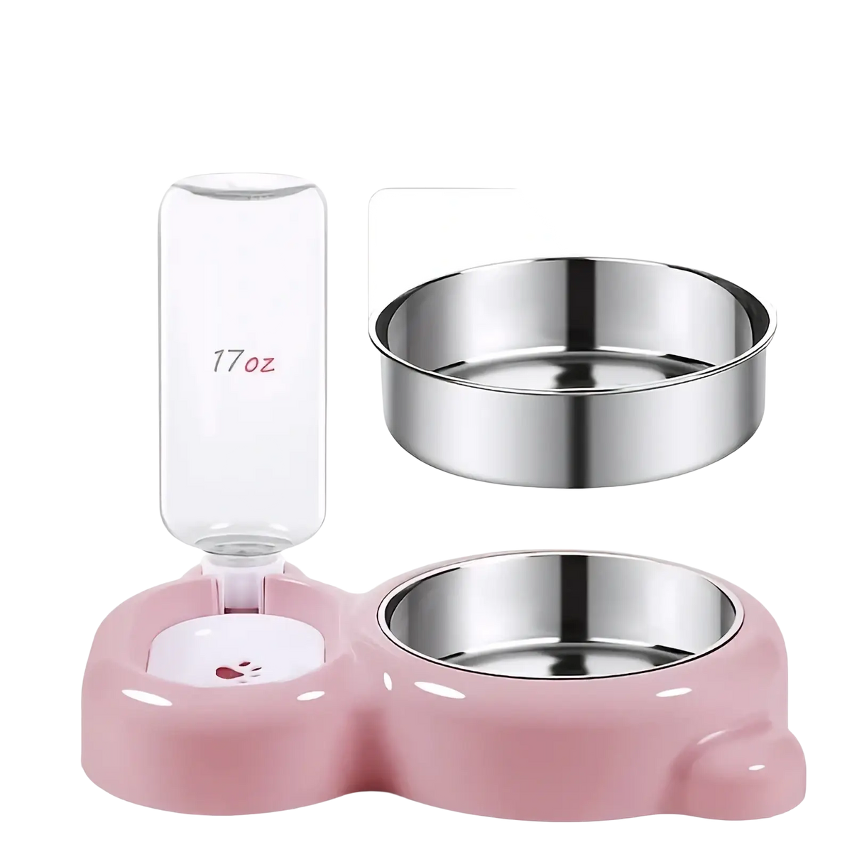 Pet food and water bowl set pink with two stainless steel bowls and a clear 17oz water bottle in plastic feeder