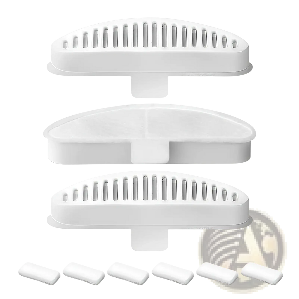 White plastic pet fountain replacement filter with slotted top rectangular base and matching white rubber gaskets