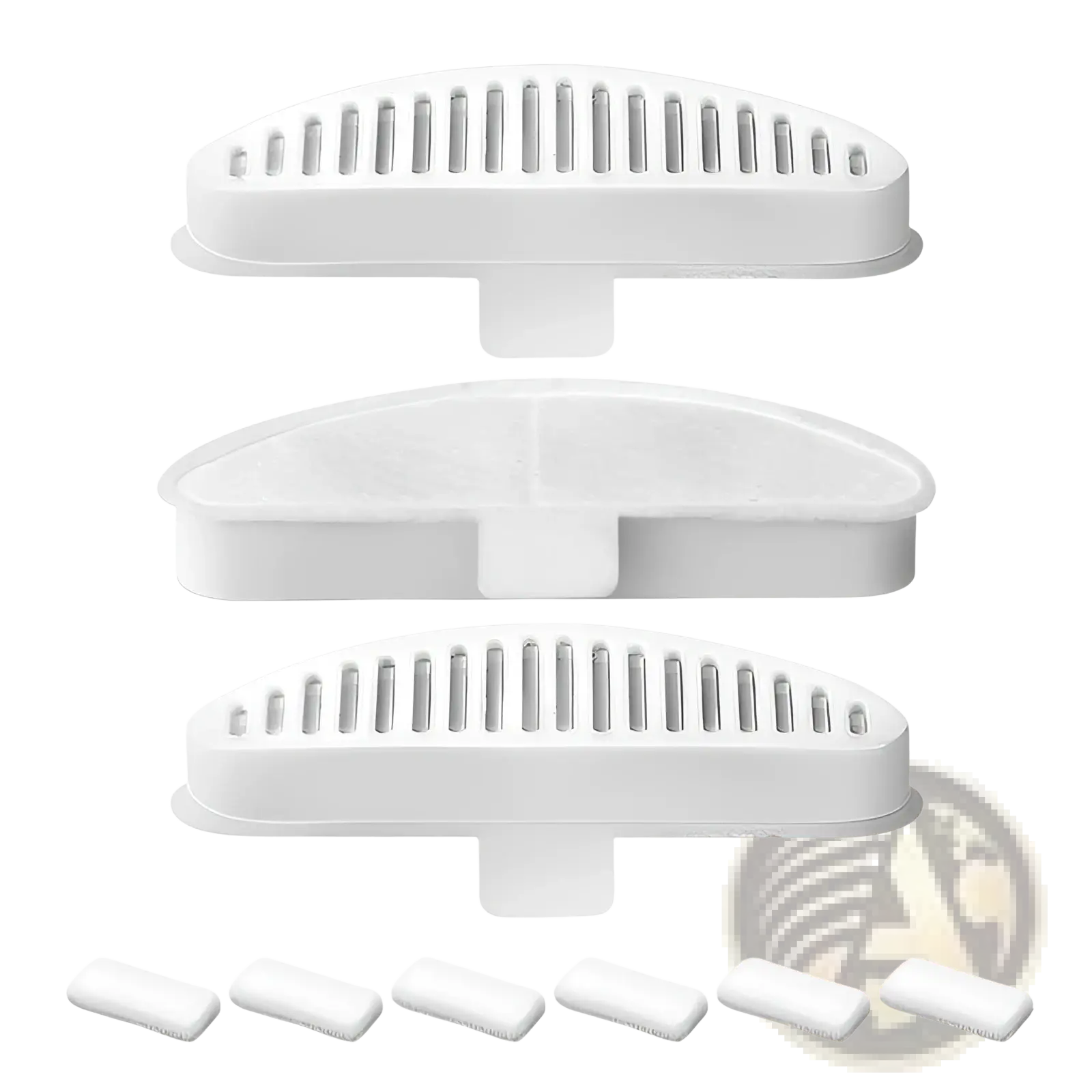 White plastic pet fountain replacement filter with slotted top rectangular base and matching white rubber gaskets