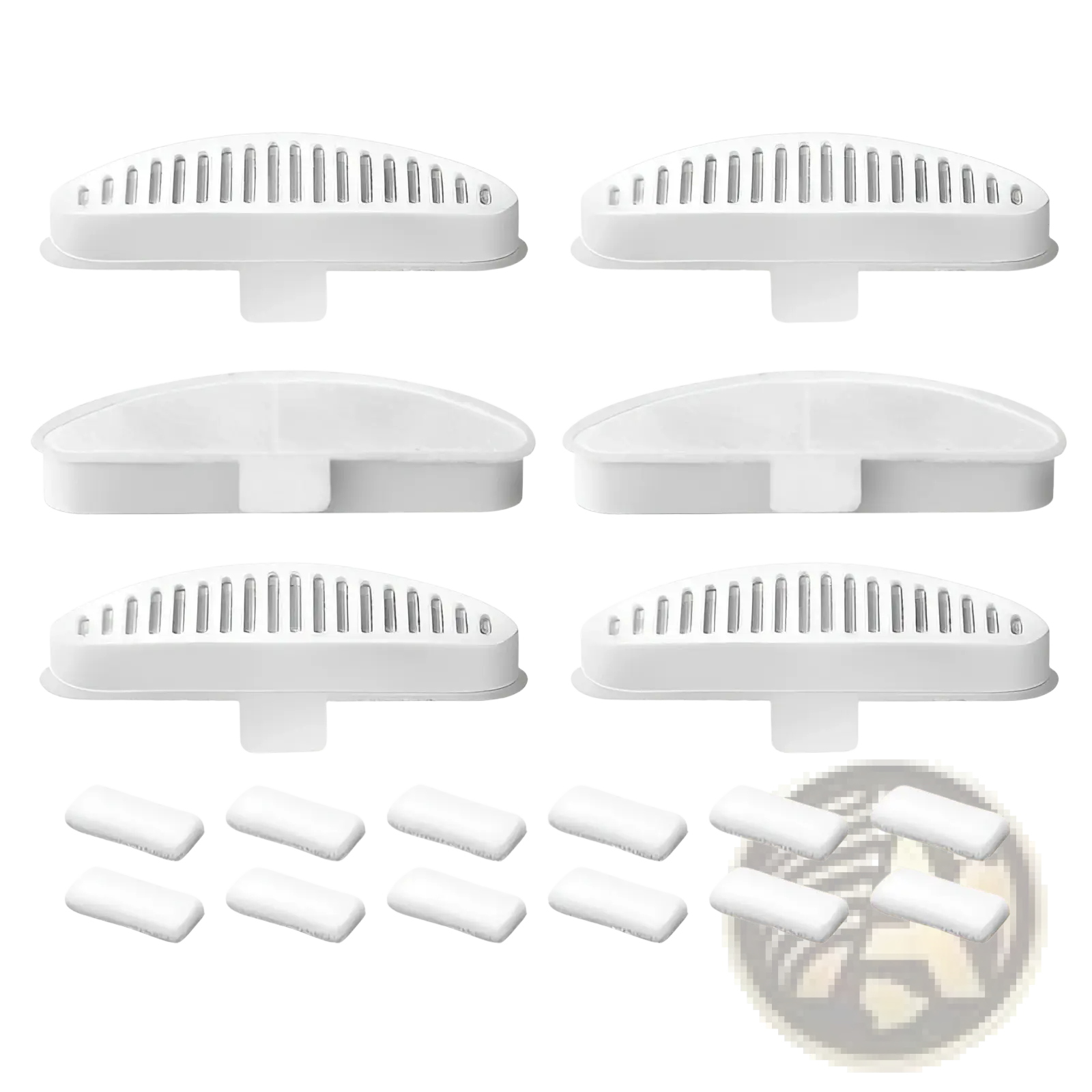 White plastic pet fountain replacement filter cartridges with slotted tops and matching white rubber gaskets