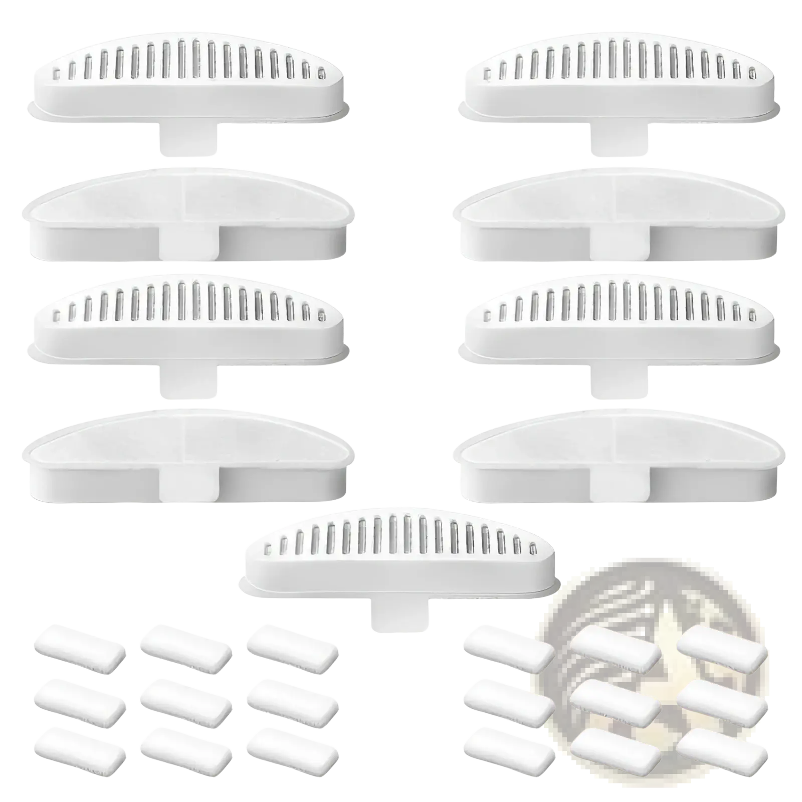 White plastic pet fountain replacement filter media holders with slotted tops and small rectangular base pieces