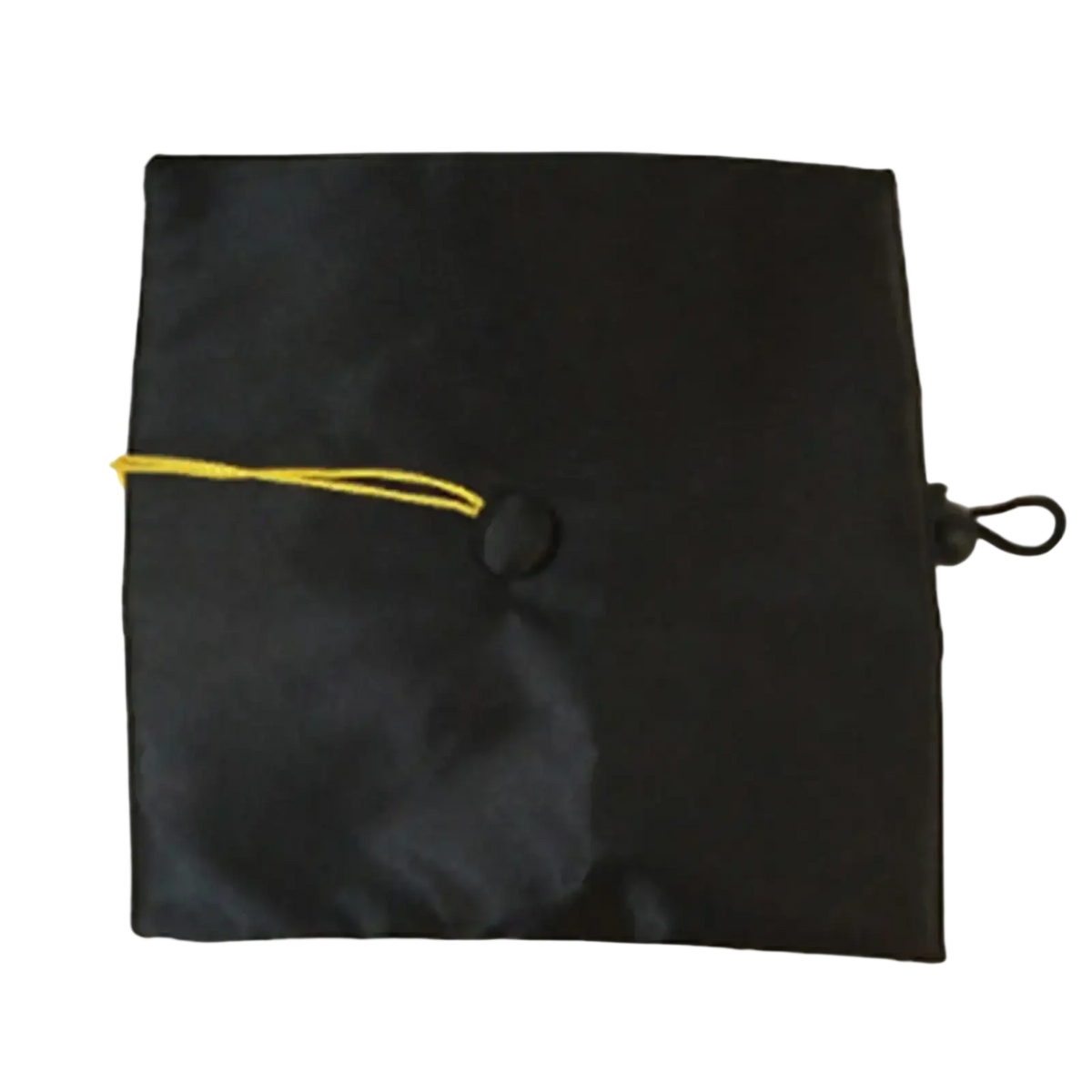 Black pet graduation cap with yellow tassel and adjustable black metal loop for puppy and kitten use