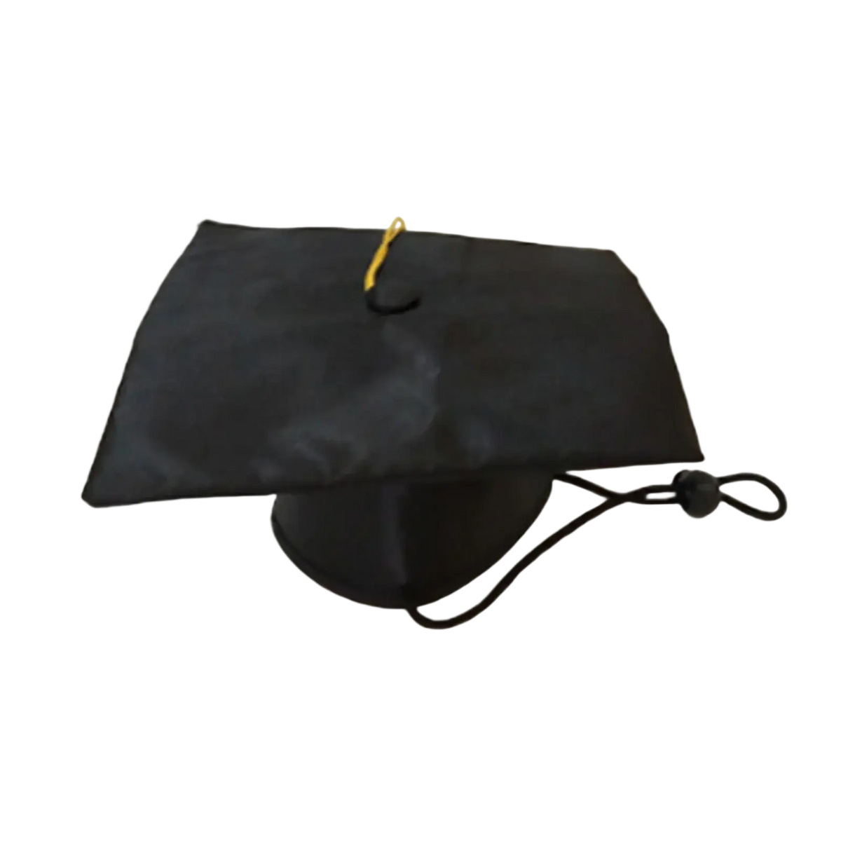 Black pet graduation cap with yellow tassel and adjustable black strap for puppies and kittens shown from back side
