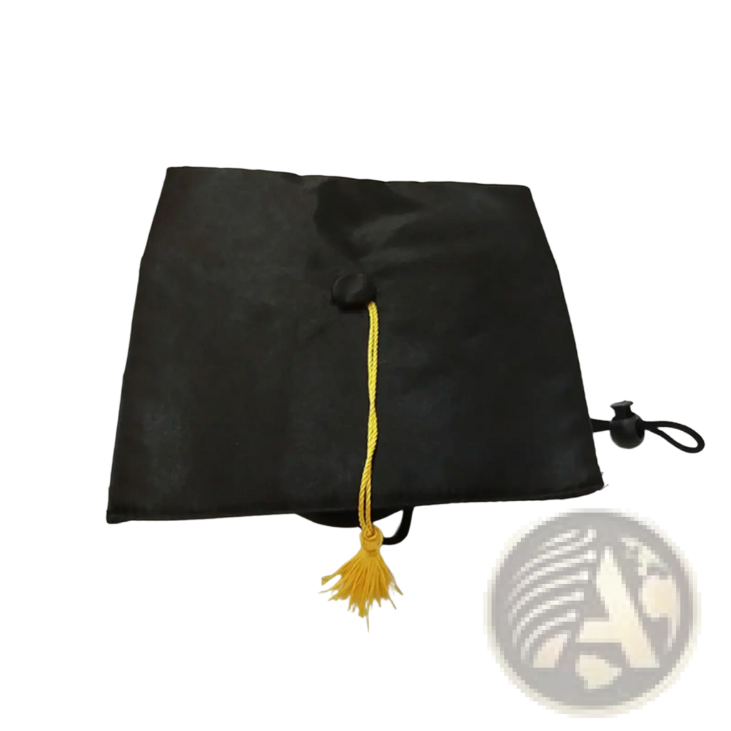 Black pet graduation cap with yellow tassel and adjustable black drawstring closure for puppies and kittens
