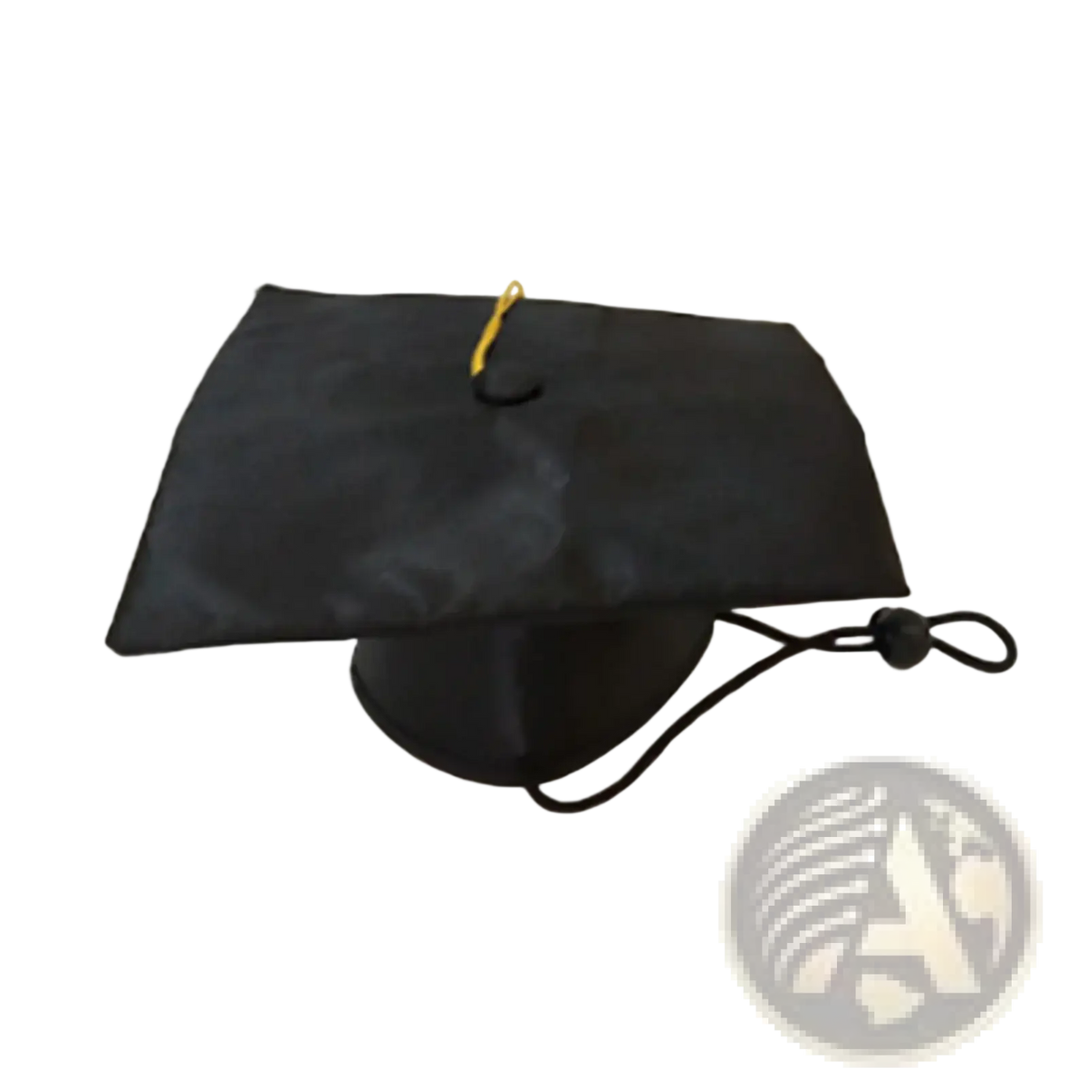Black pet graduation cap with yellow tassel and adjustable black strap for puppies and kittens shown from back side
