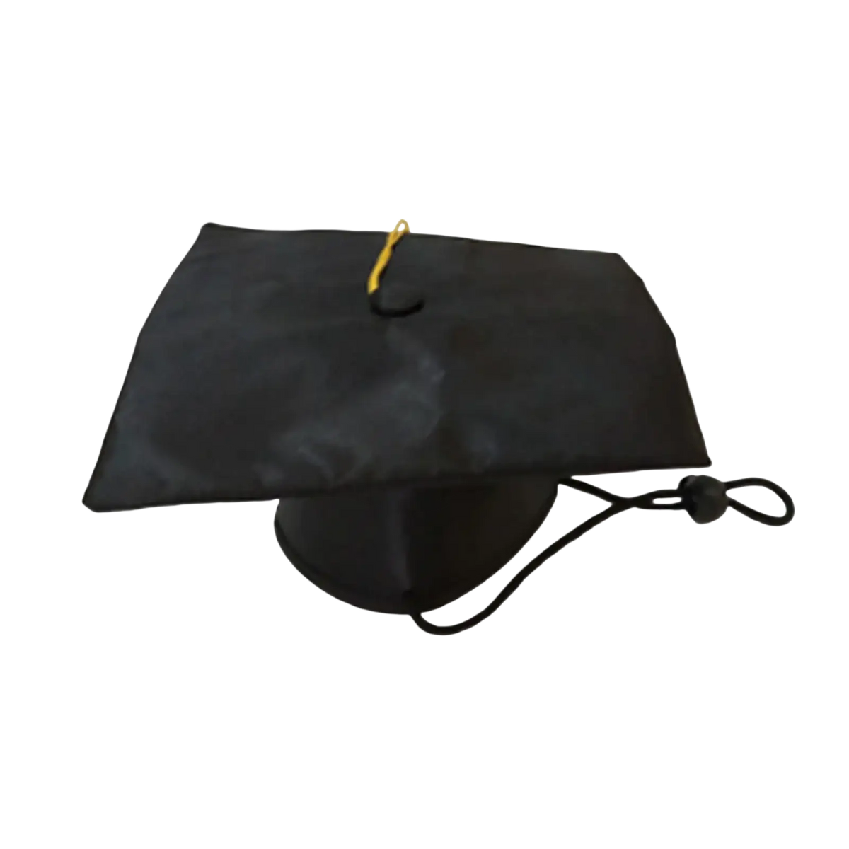 Black pet graduation hat with gold tassel and adjustable black strap for dog and cat costume use