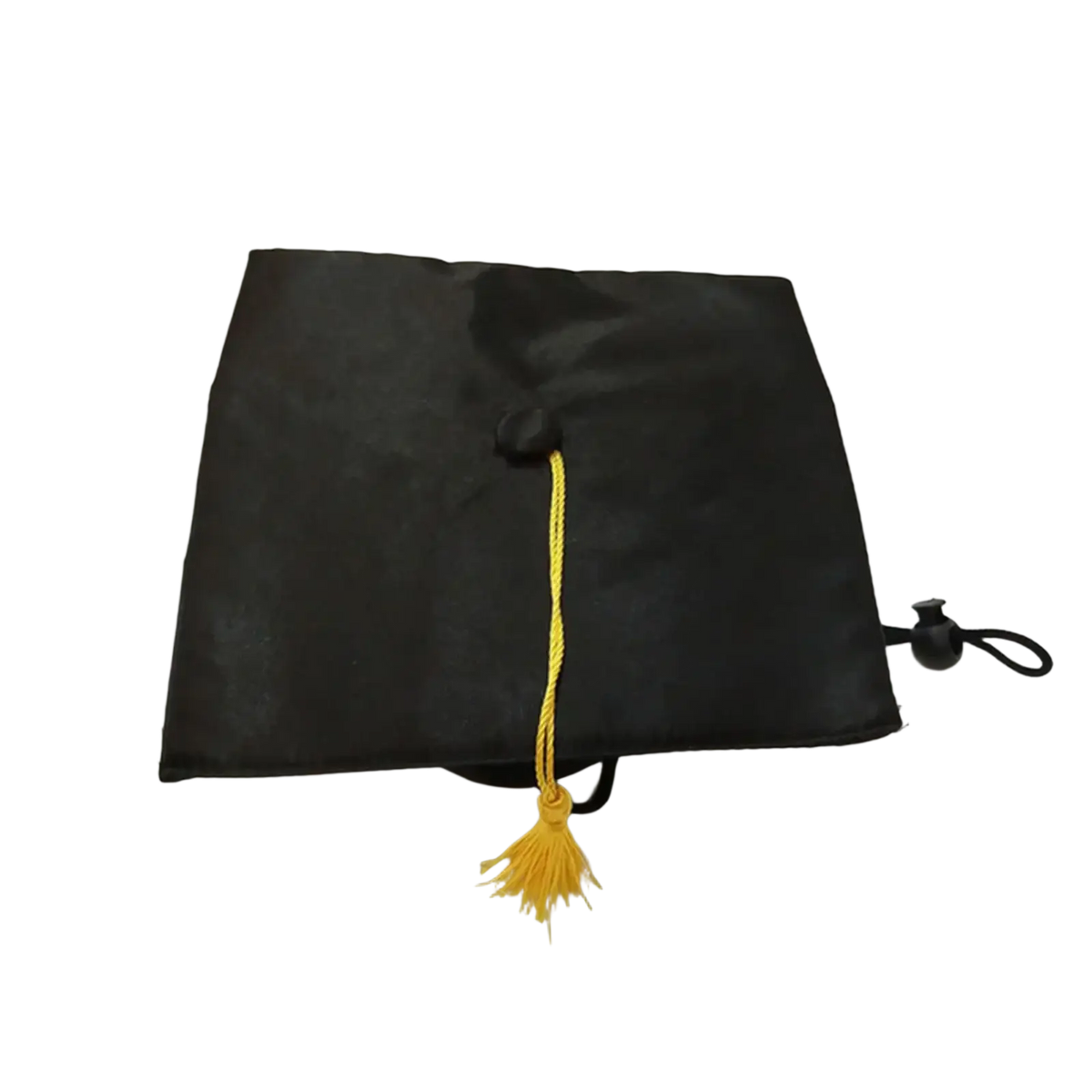 Black graduation cap with yellow tassel and drawstring closure for pet graduation hat adjustable dog and cat costume