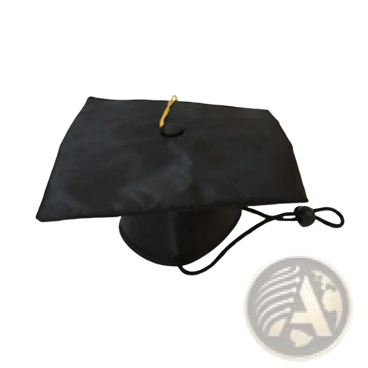 Black pet graduation hat with gold tassel and adjustable black strap for dog and cat costume use