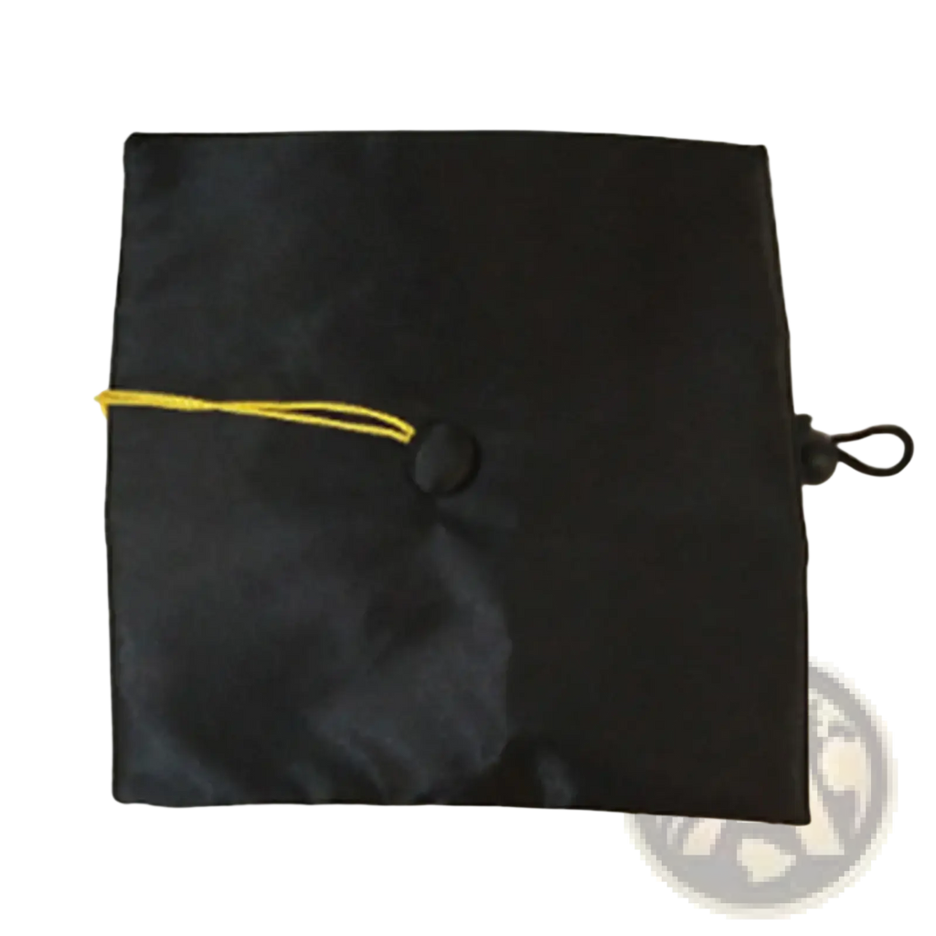 Black satin pet graduation hat with yellow tassel and adjustable black button closure for dog and cat costume