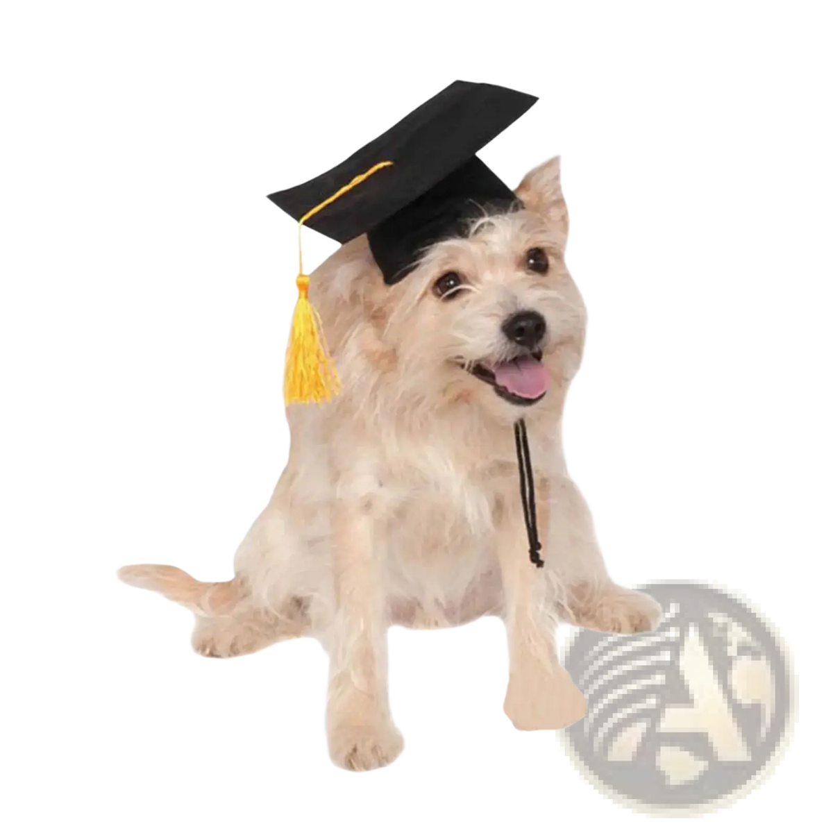 Black adjustable pet graduation hat with yellow tassel worn by a dog for dog and cat costume use