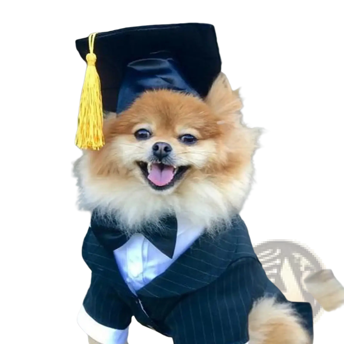 Fluffy orange and white pomeranian wearing an adjustable black pet graduation hat with yellow tassel and pinstripe suit