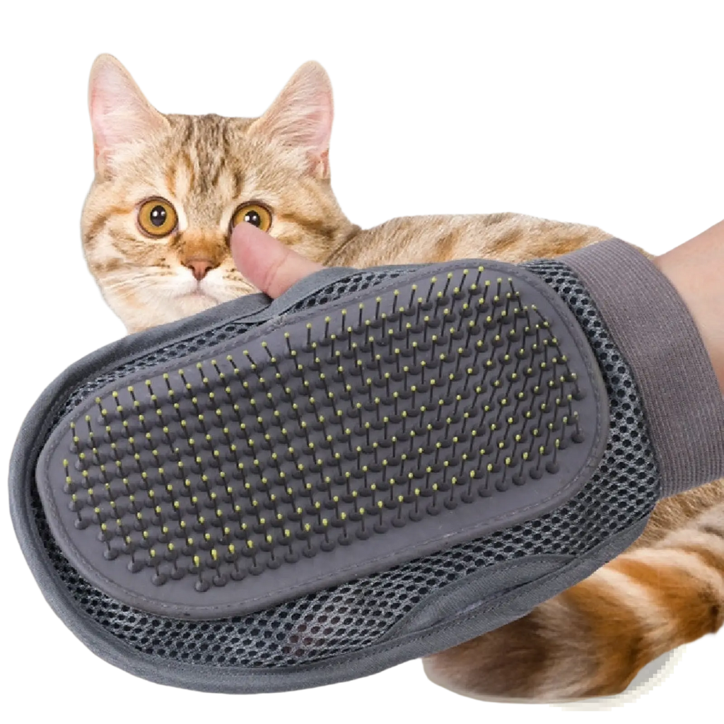 Gray silicone and mesh pet grooming glove with flexible bristles for bathing massage and hair removal shown from back side