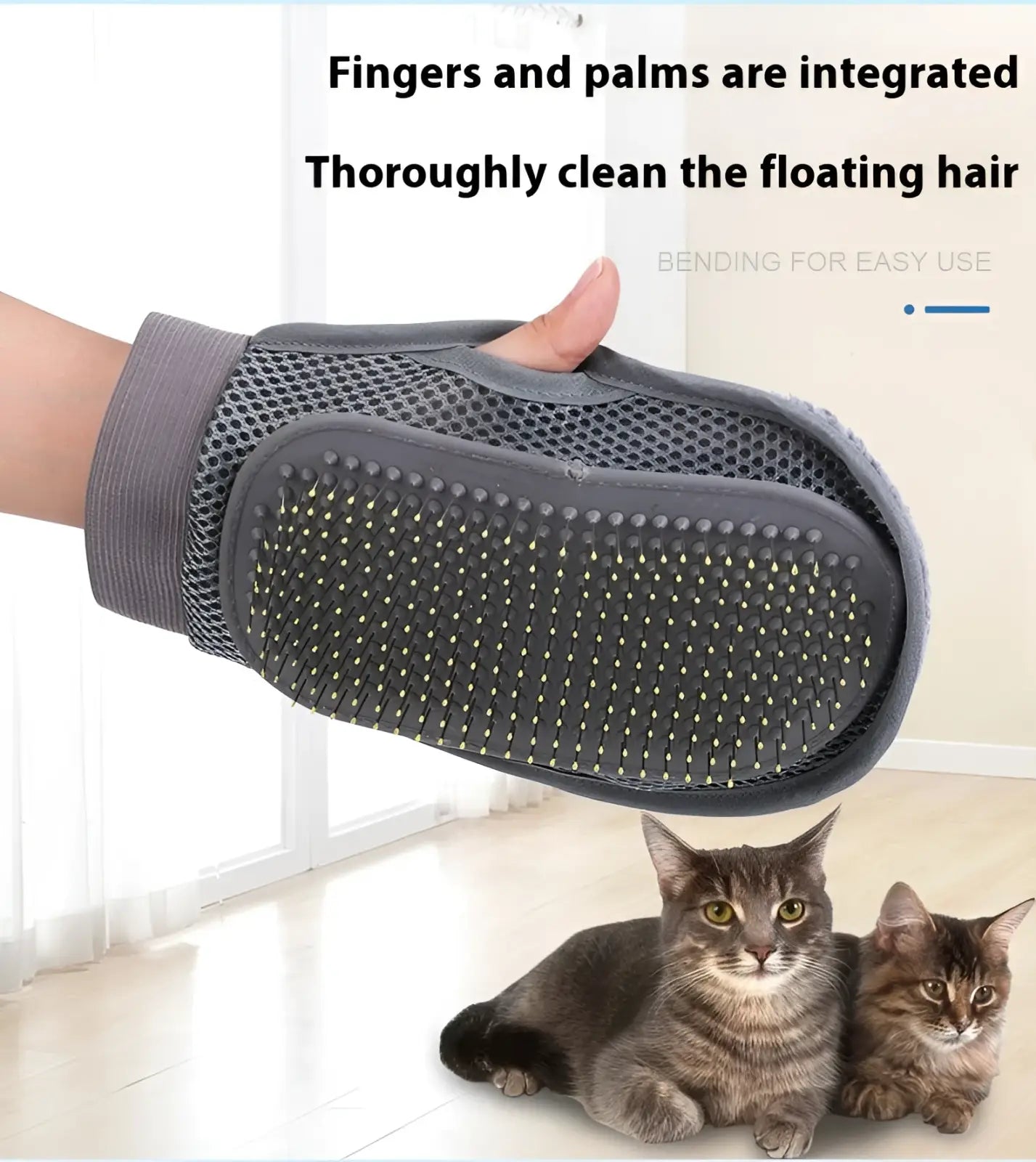 Gray mesh pet grooming glove with flexible dotted rubber bristles for effective hair removal and bath brushing