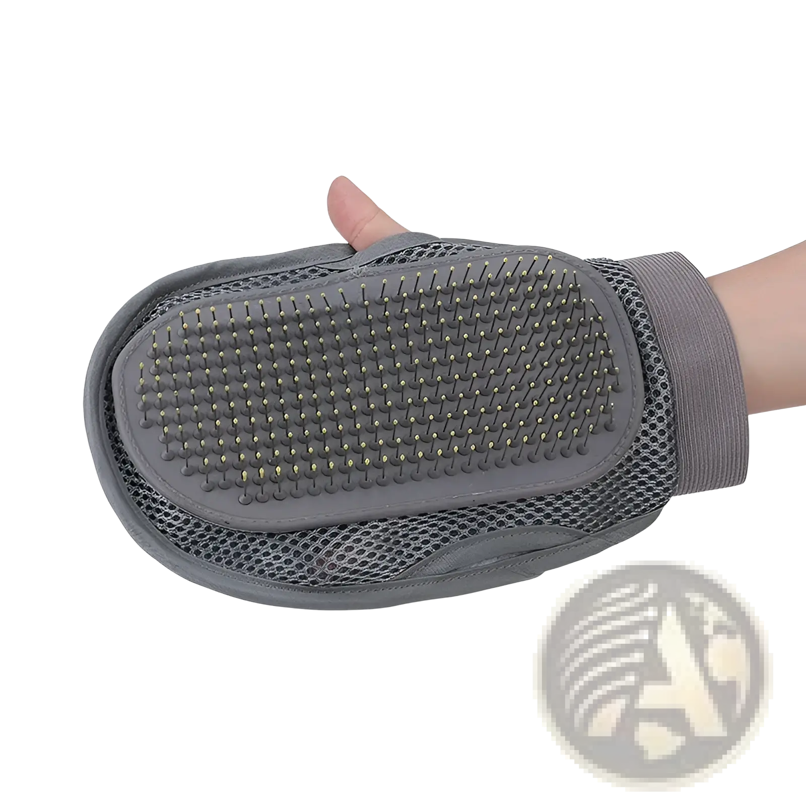 Gray silicone pet grooming glove with yellow-tipped flexible bristles and mesh fabric wrist strap for hair removal