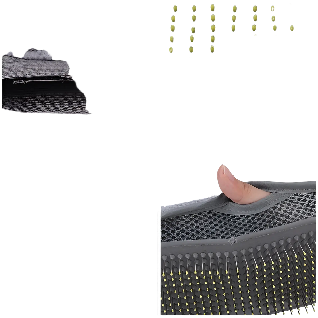 Gray plush pet grooming mat with soft textured surface and yellow-tipped silicone bristles for hair removal