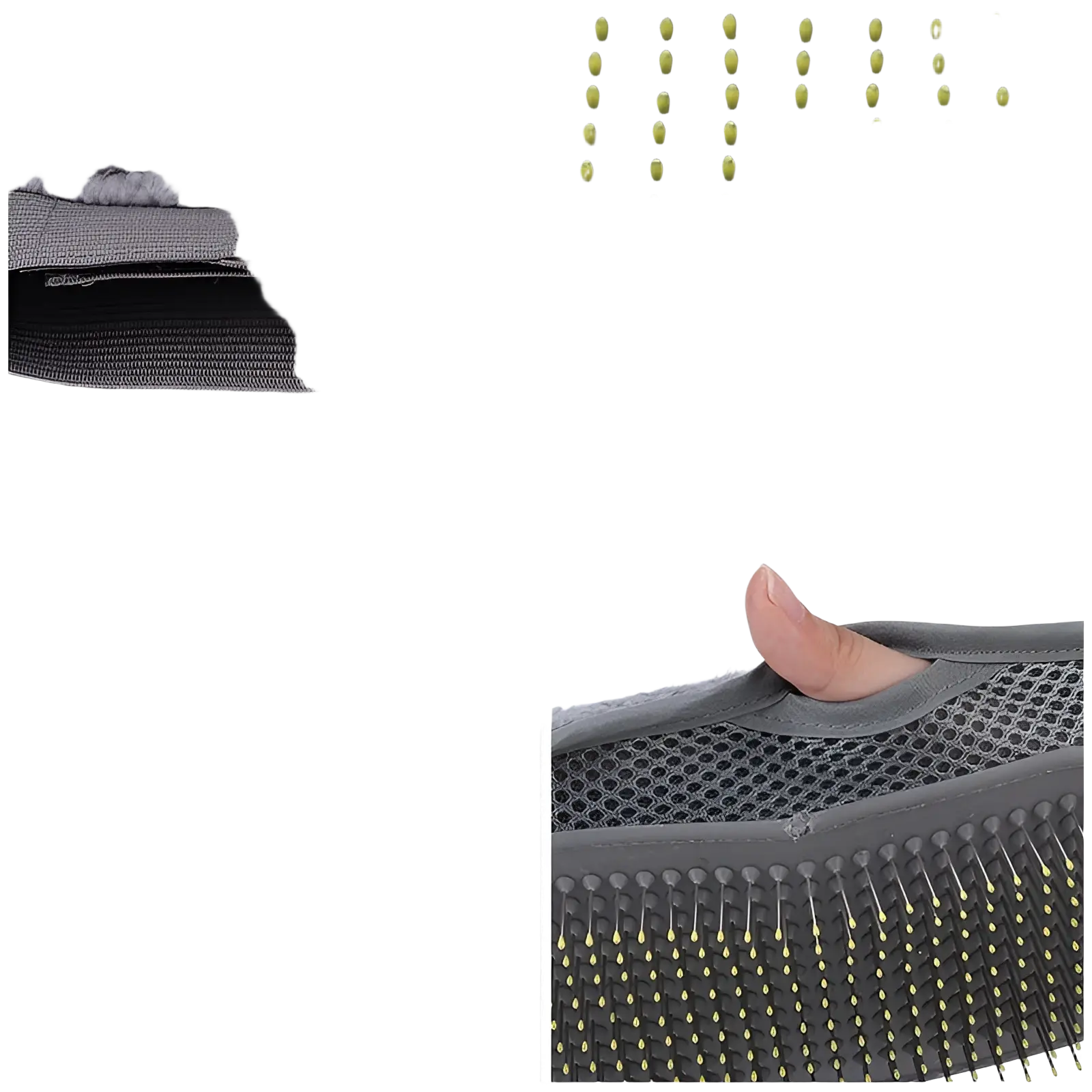 Gray plush pet grooming mat with soft textured surface and yellow-tipped silicone bristles for hair removal