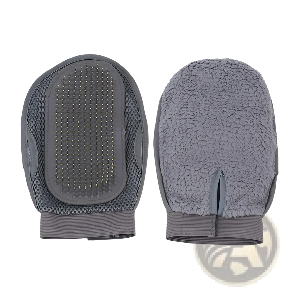 Gray pet grooming glove with silicone hair remover bath brush featuring fuzzy interior and flexible mesh exterior