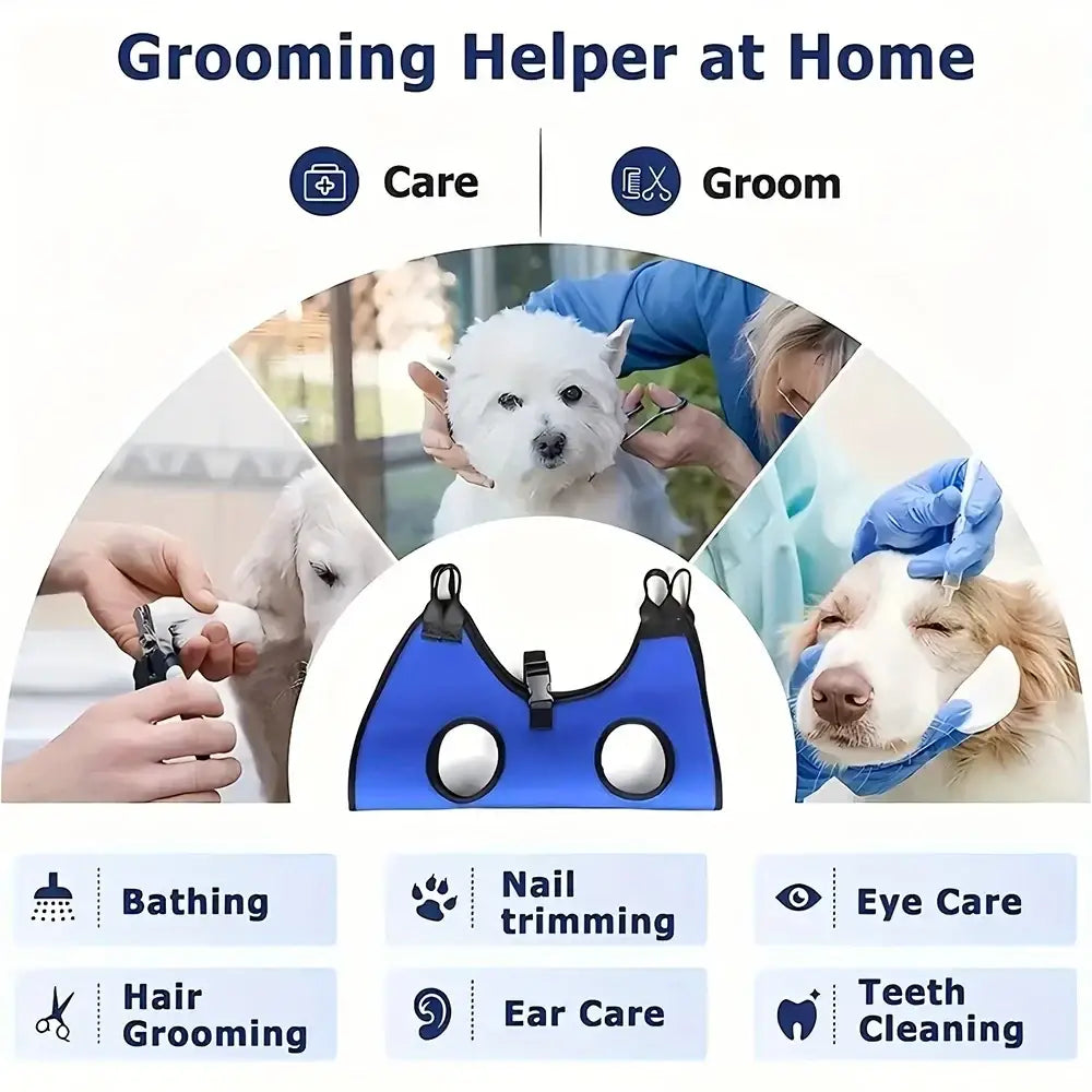 Blue pet grooming hammock mesh nail clipping helper with black adjustable straps and buckles for secure fit