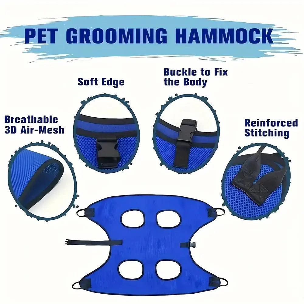 Blue pet grooming hammock with breathable 3d air-mesh fabric and black adjustable straps for nail clipping assistance
