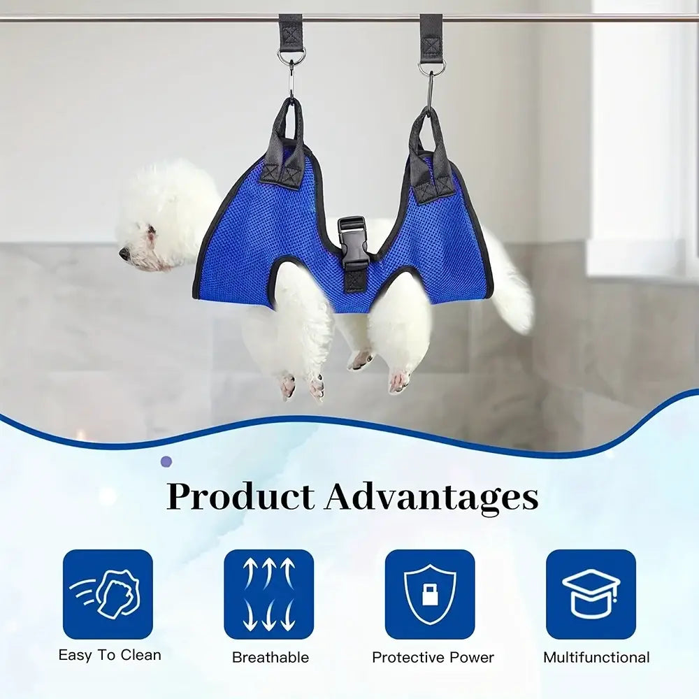 Blue mesh pet grooming hammock with black straps and buckle designed for nail clipping assistance