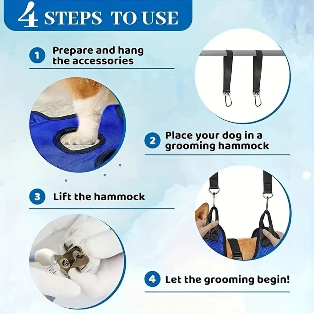 Blue fabric pet grooming hammock mesh with black straps and metal hooks for nail clipping assistance