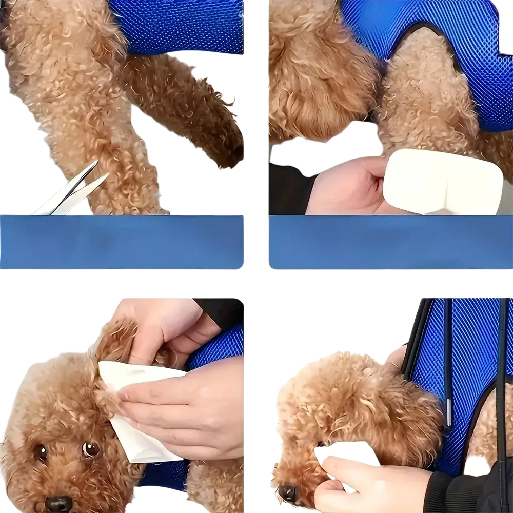 White rectangular pet ear cleaning wipe shown with blue mesh pet grooming hammock nail clipping helper