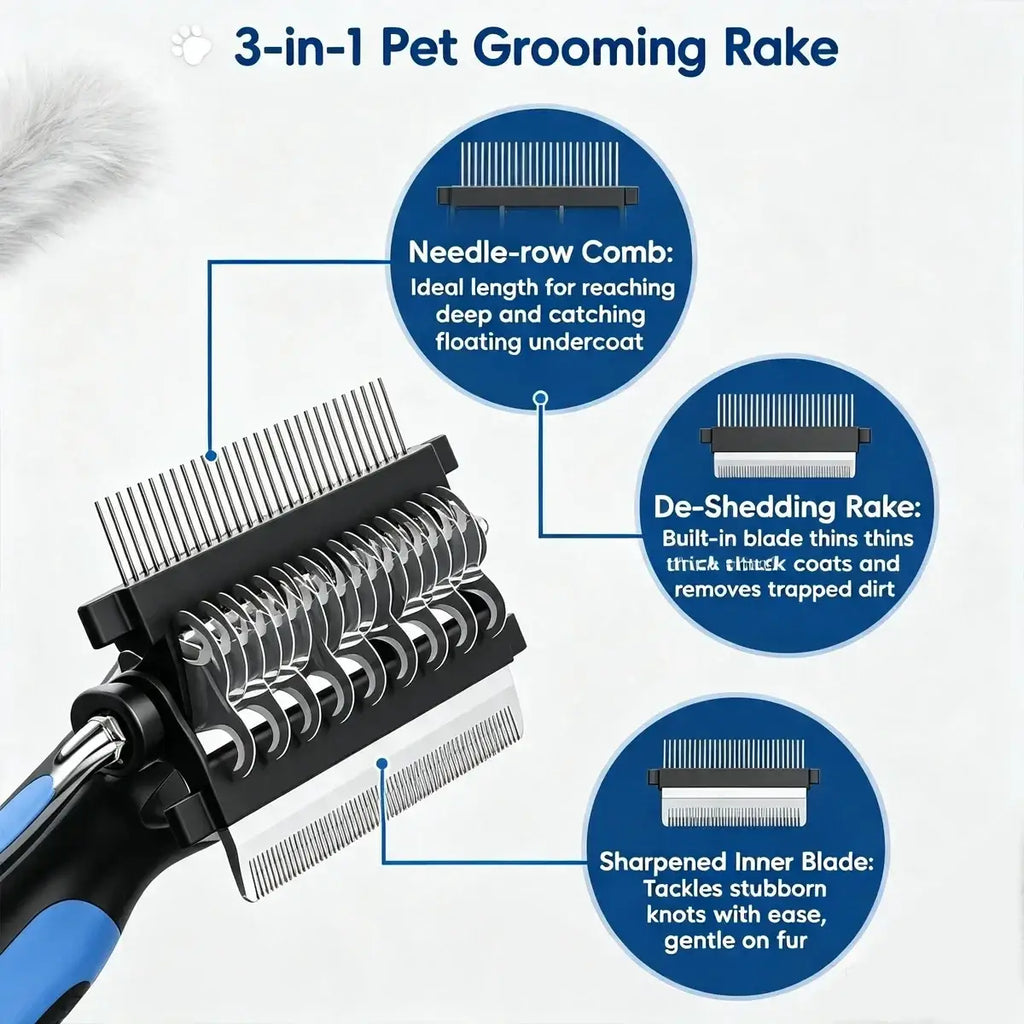 Black and blue stainless steel 3-in-1 pet grooming tool with interchangeable blades for deshedding and knotting
