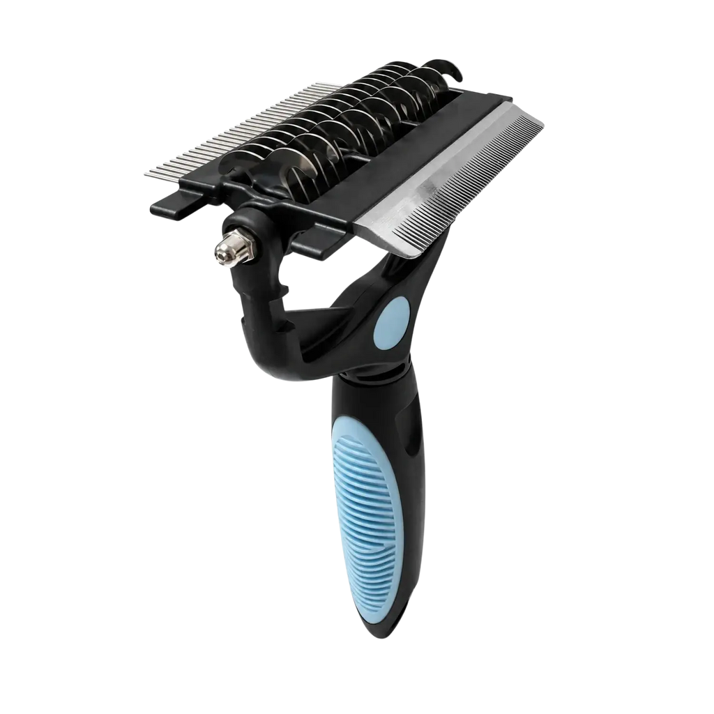 Black and light blue stainless steel pet grooming tool with textured grip and multiple comb teeth for shedding control