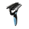 Black and light blue stainless steel pet grooming tool with textured grip and multiple comb teeth for shedding control