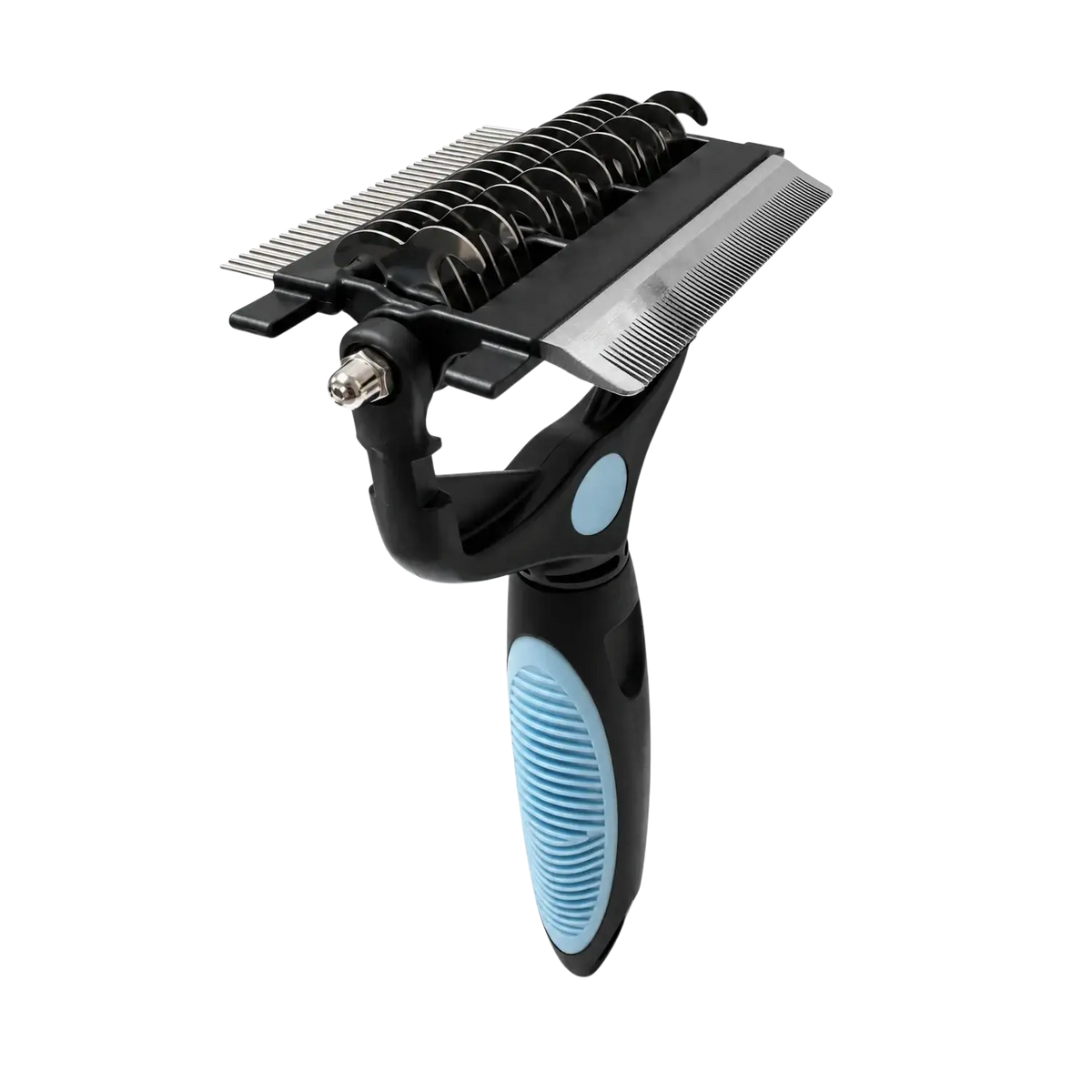 Black and light blue stainless steel pet grooming tool with textured grip and multiple comb teeth for shedding control