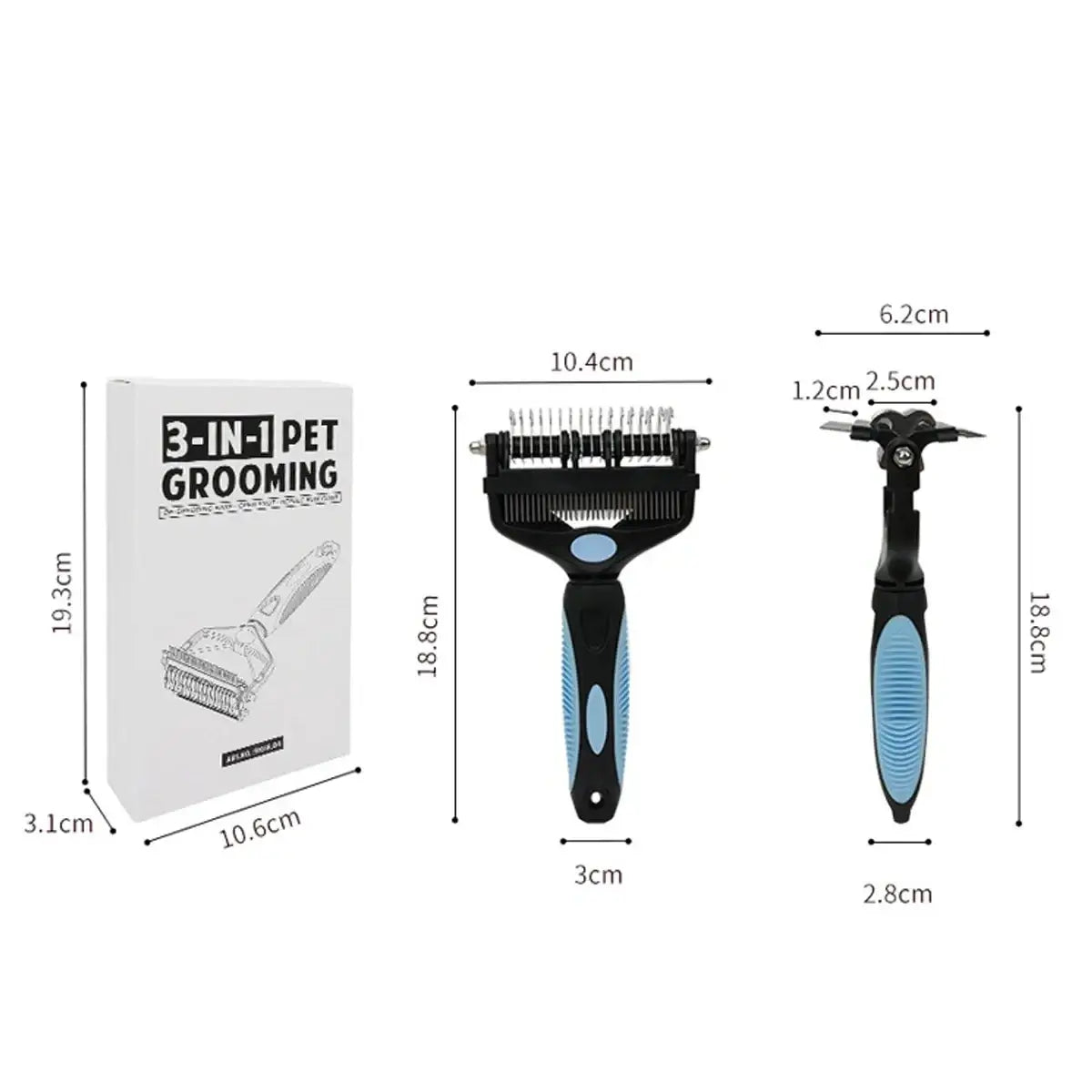 Black and light blue stainless steel 3-in-1 pet grooming tool with textured grip handle for deshedding and grooming