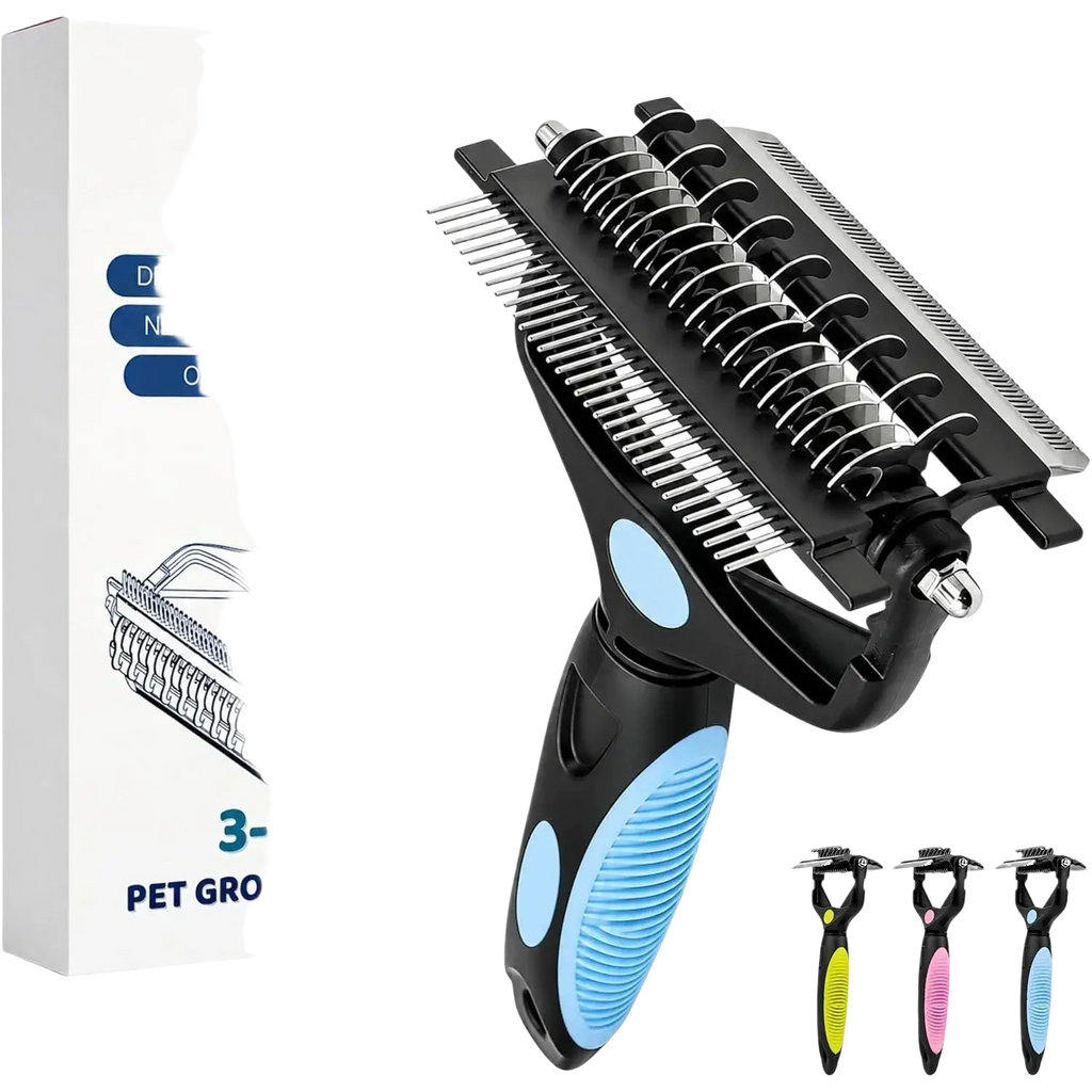Black and light blue pet grooming tool with stainless steel needles for effective shedding removal and deshedding